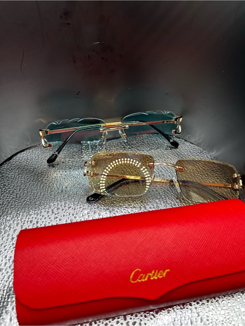 Carti Men's Gold Rimless Sunglasses with Emerald Accents 2 PAIRS